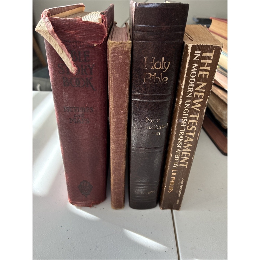 Lot of 2 VTG Holy Bible- 1 Hymnal- 1 Bible Story Bk-antique - Decor-staging